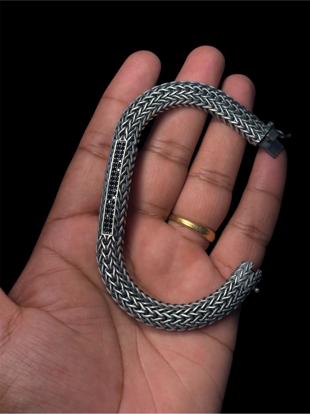 925 Sterling Silver Braided Bracelet with Black Stones – 10.5 mm – 8.2” inches